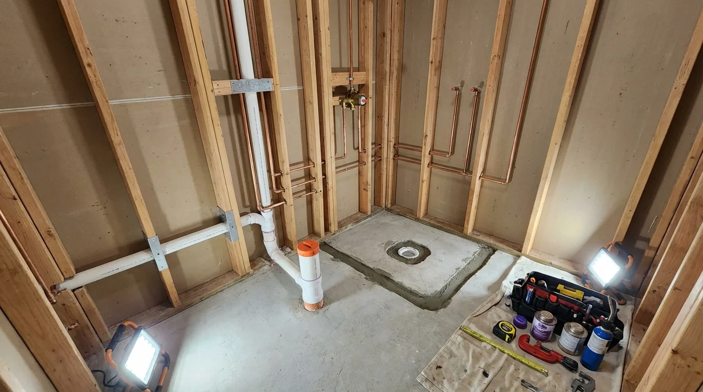 Bathroom rough-in plumbing during remodel by Johns Plumbing LLC in Van Alstyne