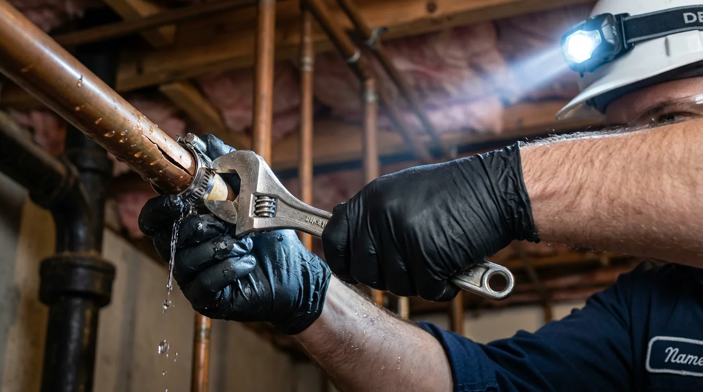 Emergency pipe clamp repair being performed by a Johns Plumbing LLC plumber in Van Alstyne