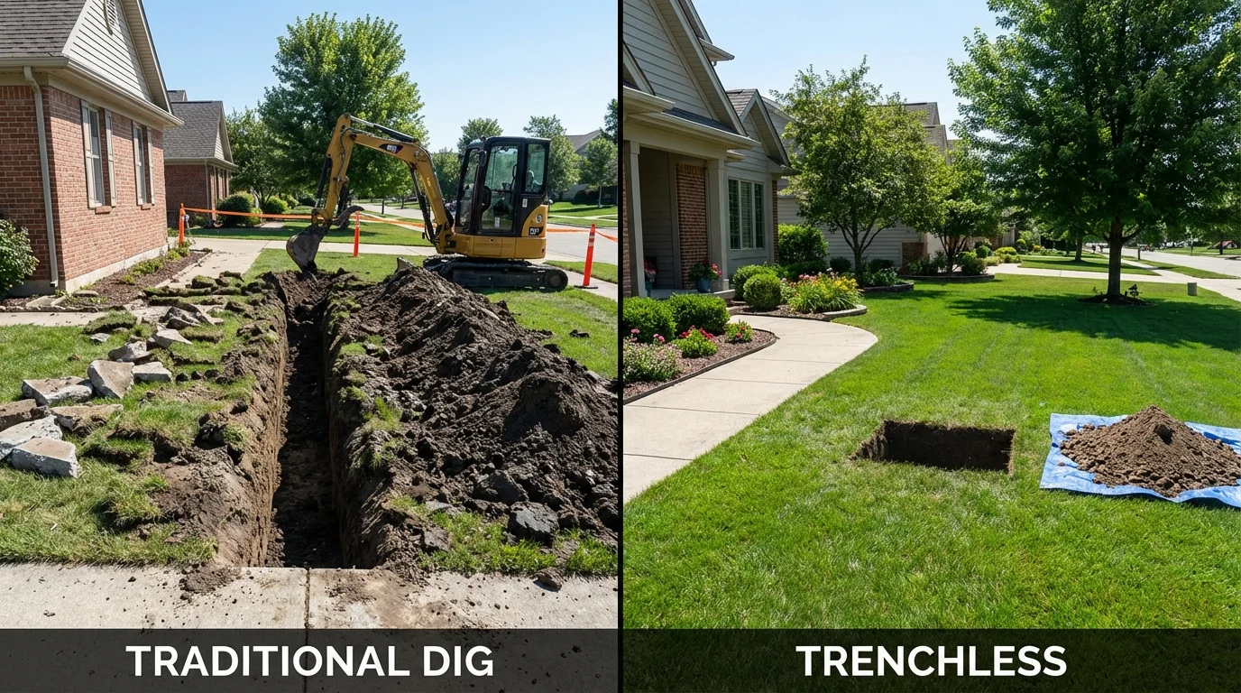 Trenchless sewer repair with minimal yard damage versus traditional excavation in Van Alstyne, TX